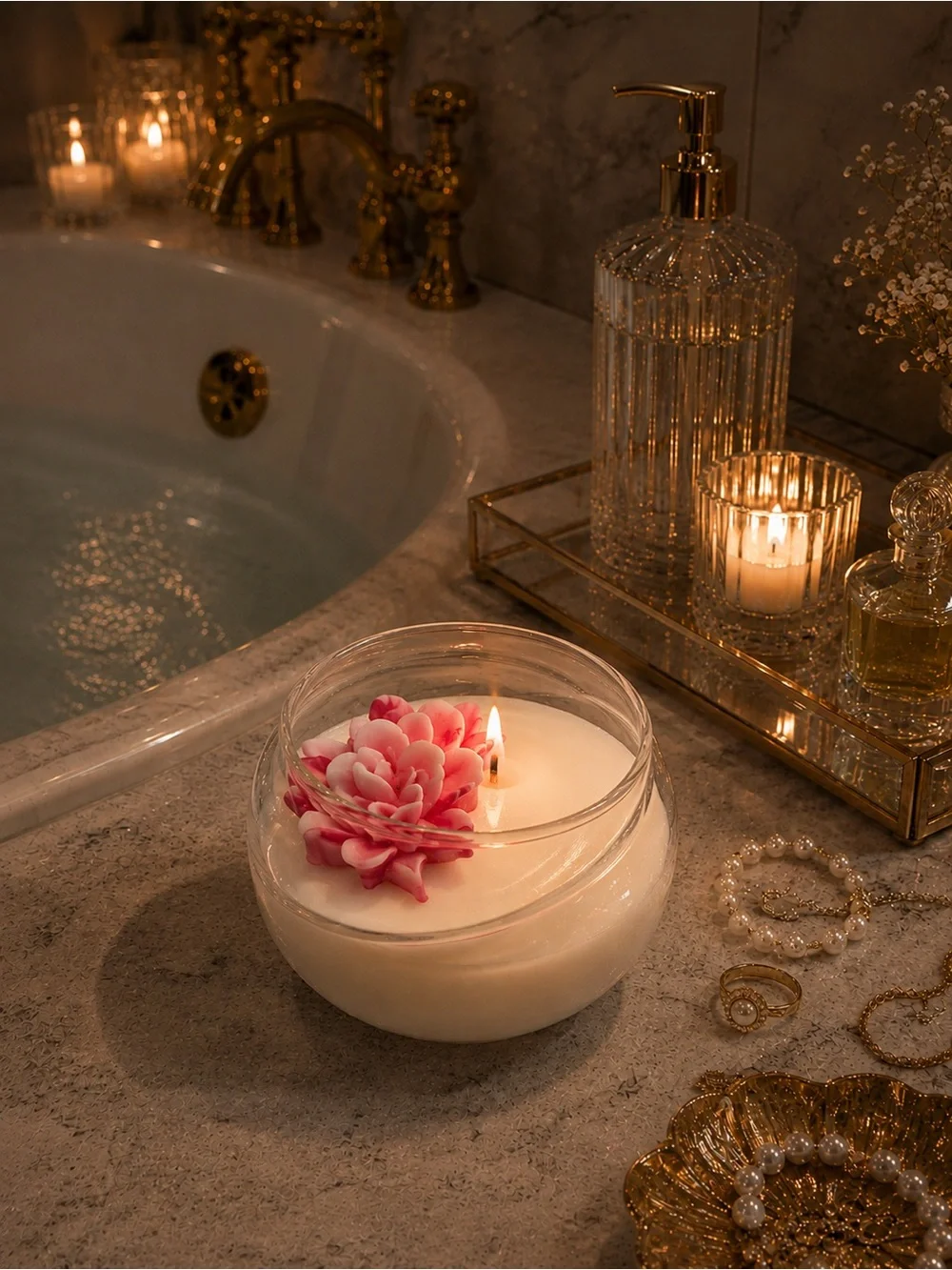 Pink Floral Glass Candle Bowl - Elegant Home Accent